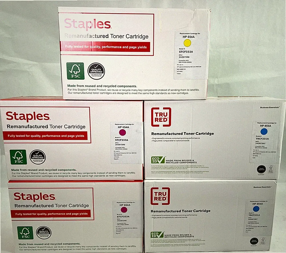 (LOT of 5) Staples Tru-Red HP HP654A Printer Ink Toner Cartridge Cyan Yellow Red
