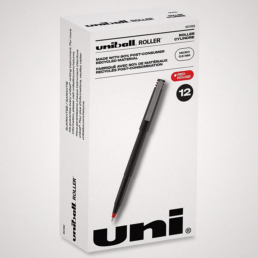 Roller Ball Stick Dye-Based Pen, Red Ink, Micro, Dozen